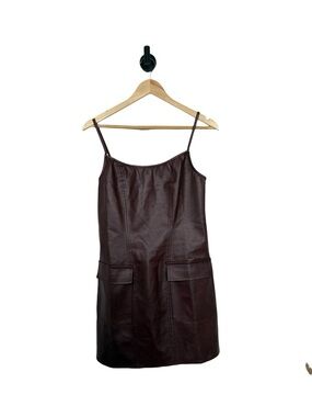 Blue Blush Faux Leather Mini Dress Brown Slip Pocket Front Zip Back Size L